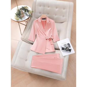 Pink Satin Blazer And Trousers Two Piece Set Women's Suit Elegant Anti-Wrinkle Commute Style YSY6608 - Product Image 1
