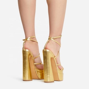 Gold Ankle Cross Straps Hot Platform Summer Shoes Women's Open Pointed Toe Sandals Super High <b>Block</b> Heels - Product Image 4