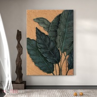 100% fait à la main moderne abstrait feuille peinture murale vert plantain huile sur toile salon décor avec fleur sujet