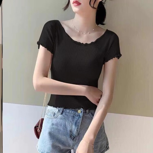 แฟชั่นใหม่เสื้อสั้นผู้หญิงเด็กผู้หญิงถักขอบหยักเสื้อคอกลมแขนสั้นเข้ารูปสีทึบแฟชั่นฤดูร้อน - Product Image 5