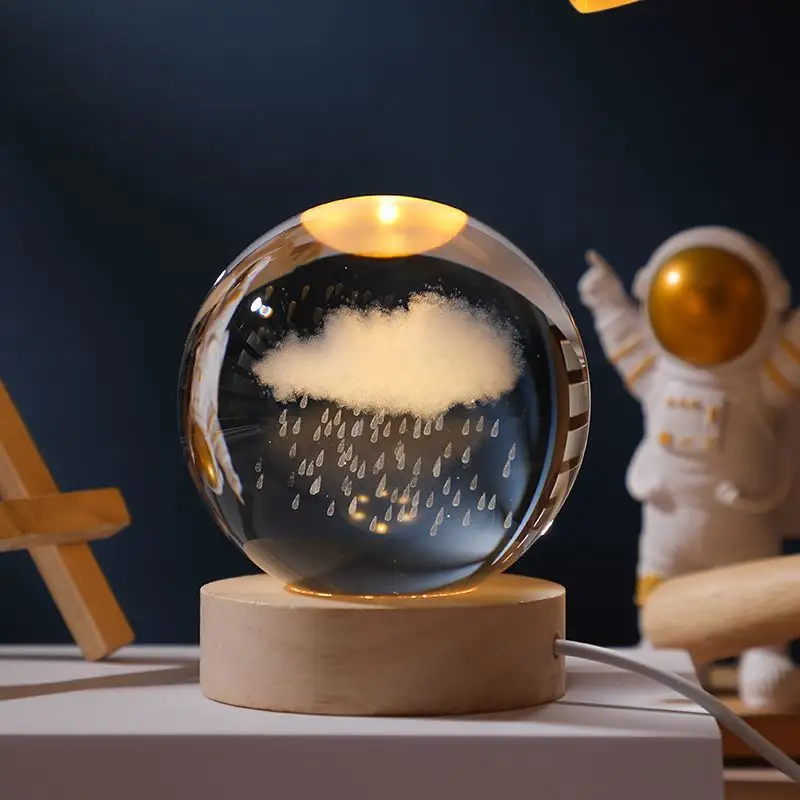 كرة كريستال هدية عيد الميلاد ديكور نظام شمسي قمر مستدير قاعدة خشبية دفاية مصباح مكتبي أبيض إضاءة ليلية
