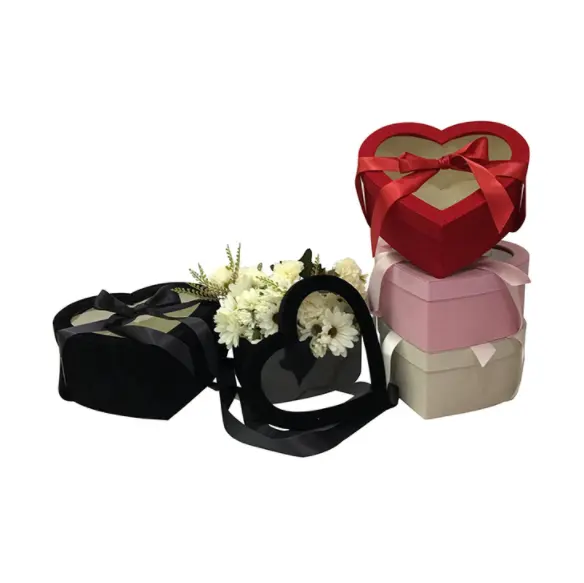 सादे दिल के आकार का उपहार बॉक्स मखमल फूल बॉक्स संरक्षित गुलाब पुष्प गुलदस्ता पैकेजिंग कागज बॉक्स के साथ स्पष्ट पीवीसी विंडोज रिबन