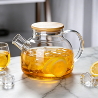 Carafe à eau en verre rond avec couvercle en bois naturel, facile à nettoyer, idéale pour les boissons fraîches au citron et aux fruits, pour une détente quotidienne paisible