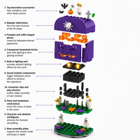 Ensemble de blocs de construction en plastique pour Halloween avec sons et lumières, 899 pièces, maison citrouille convertible, cercueil fantôme, mini briques pendentifs