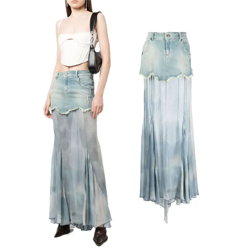 Saia jeans estampada abstrata para mulheres, saia midi jeans semi-transparente de algodão estiramento, moda primavera/verão 2024