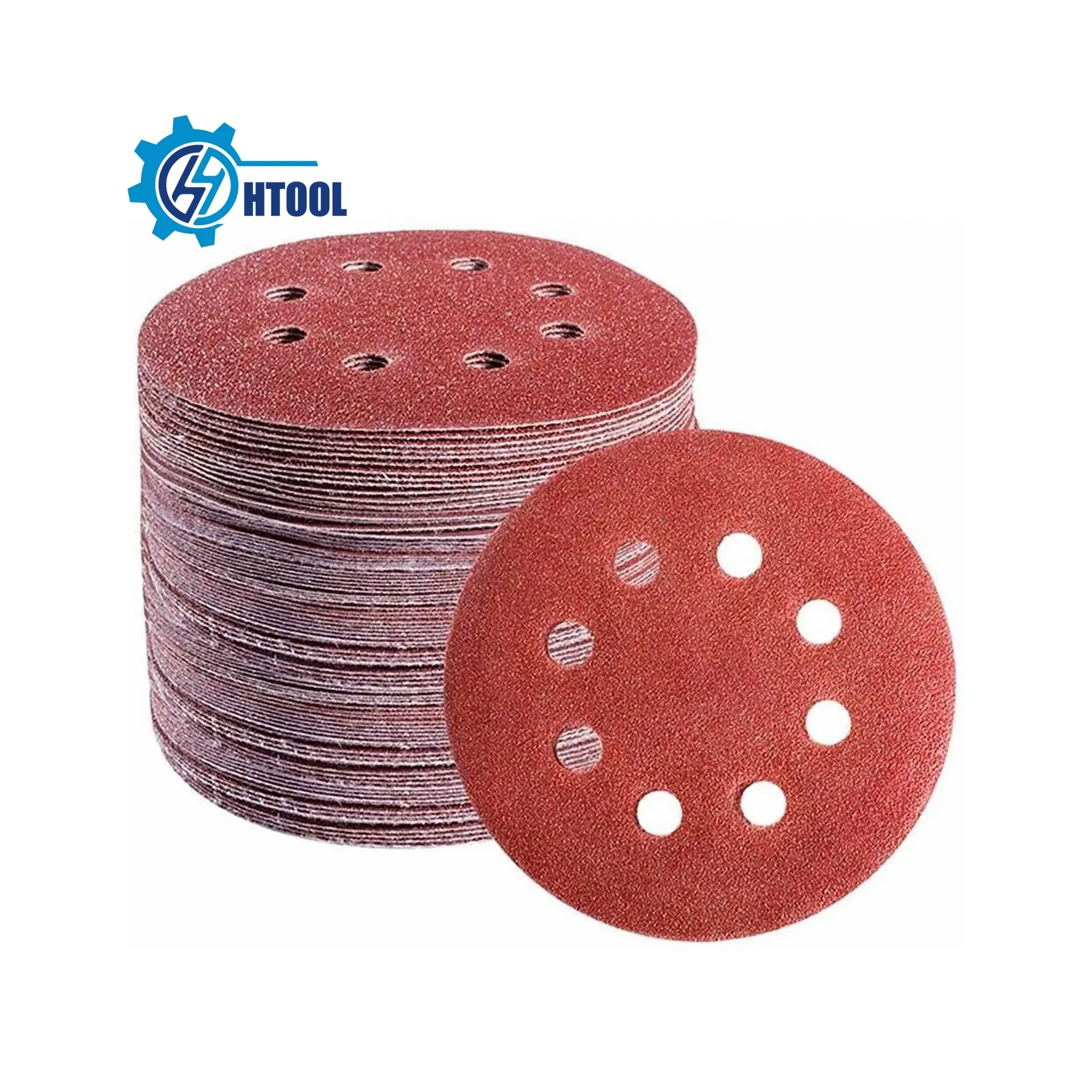 Papel de lija de 5 "y 125mm, gancho y bucle, disco de lijado redondo rojo, fibra de óxido de aluminio, 8 agujeros, papel de lija