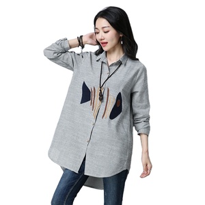 Camicie e Bluse da Donna OEM in Misto <span class=keywords><strong>Lino</strong></span> e Cotone, Ricamate, <span class=keywords><strong>a</strong></span> Maniche Lunghe, Vestibilità Ampia, <span class=keywords><strong>a</strong></span> Righe, Casual - Product Image 2