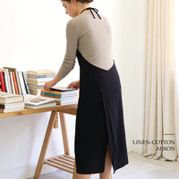 Tablier de cuisine en coton et lin pour femme, col halter, taille ajustable avec lien, logo personnalisé, résistant aux taches, idéal pour la cuisine, le café, la restauration