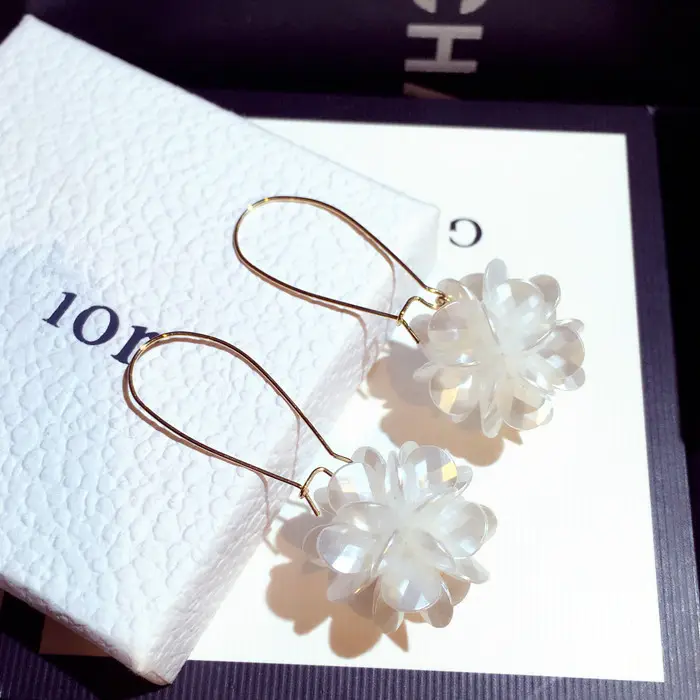 HOVANCI Real Gold Plated Needle White Flower Long Hanging Earrings Flower Hook Earrings