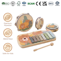 Joyful Wooden Musical Toy Set Percussion Instruments with Metal Xylophone Tambourines & Mallet Sensory Music Kit for Kids 3+