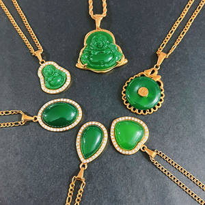 Collier <span class=keywords><strong>Bouddha</strong></span> Thaïlandais en <span class=keywords><strong>Jade</strong></span> Naturel avec Bordure en Cristal et Agate, Pendentif <span class=keywords><strong>Bouddha</strong></span> Maitreya Rire - Product Image 1