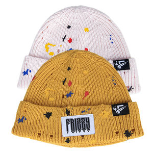 ユーズド加工効果ペイントスプラッシュプリントロゴウィンタービーニーハットウーブンラベルパッチをカスタマイズ - Product Image 1