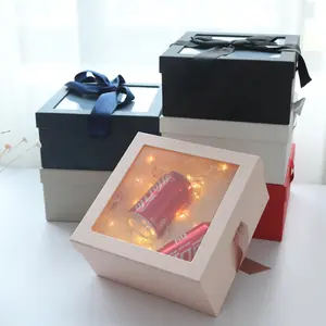 Ready to Ship Luxury Pink Ribbon Decorated Cardboard Paper Clear PVC Window Square Gift Packaging Box For Wedding Favor