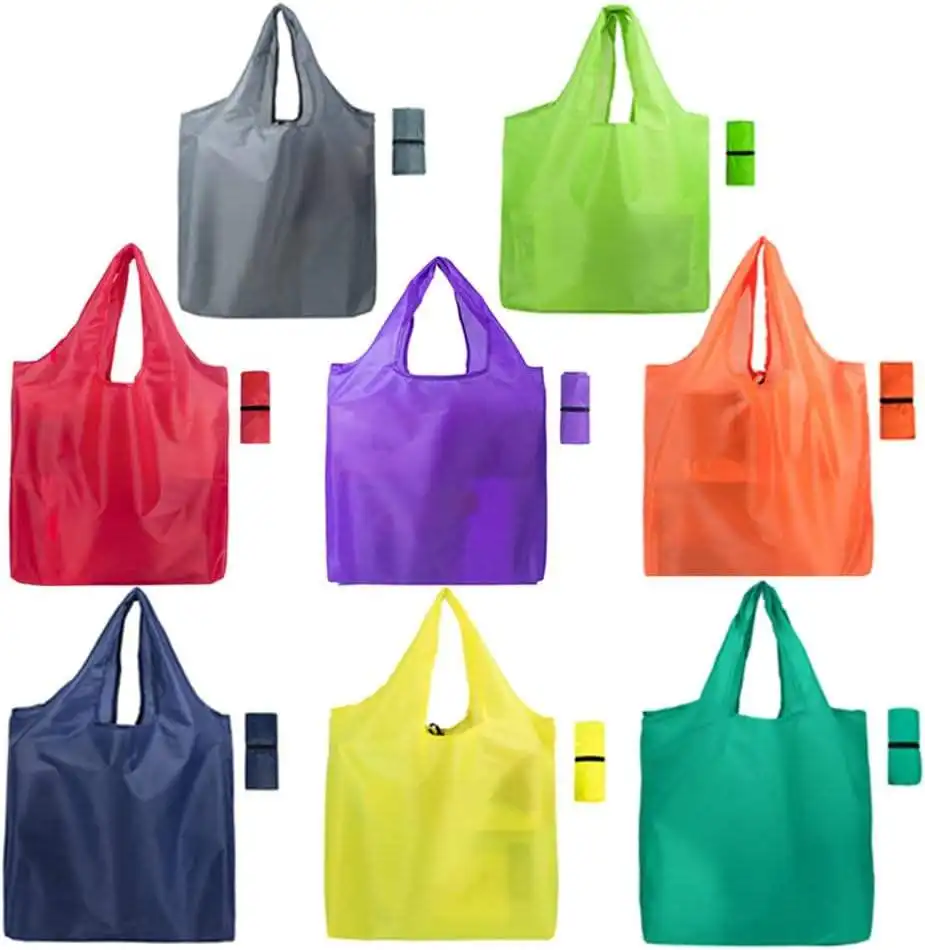 Bolsa de compras plegable de poliéster en blanco con logotipo personalizado, bolsa de compras plegable enrollable reutilizable ecológica