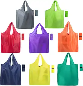 Sac à provisions pliable en polyester vierge avec logo personnalisé Sac fourre-tout d'épicerie pliable enroulable et réutilisable écologique