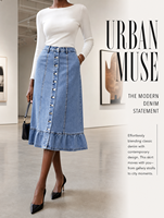 Jupe midi en jean bleu clair taille haute pour femme - Jupes évasées vintage à boutons sur le devant avec ourlet à volants - Coupe trapèze élégante