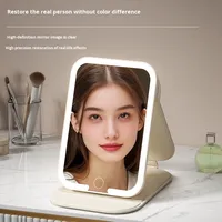 Miroir de maquillage avec lumière LED, cadre en verre PU/PS/PVC, portable, pliable, sur pied, design moderne et simple, pour bureau, étudiant, dortoir, maison