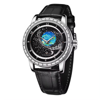 Nuevo Reloj Mecánico Automático con Esfera Giratoria de Cielo Estrellado, Tierra y Luna, Bisel con Pedrería, Correa de Cuero de Lujo para Hombre