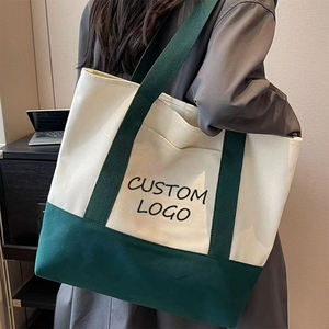 Sac à provisions durable structuré avec logo imprimé personnalisé Sac fourre-tout en toile de coton épais réutilisable avec poche extérieure - Product Image 1