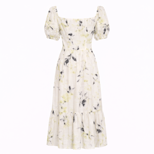 Vestido Midi Personalizado para Mujer, Blanco con Estampado Floral en Acuarela <span class=keywords><strong>Amarillo</strong></span> y Negro, Manga Corta, Mezcla de Lino y Algodón, con Volantes en el Bajo - Product Image 5