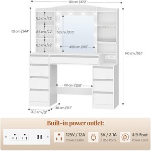 WenFeng ODM/OEM Coiffeuse moderne <span class=keywords><strong>en</strong></span> bois pour chambre d'hôtel, 47 pouces, avec éclairage LED, 8 tiroirs, miroir réglable de 20 pouces, 2 prises AC + 2 ports USB - Product Image 3