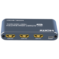 Conmutador de vídeo HDMI 2,1 de 3 puertos FJGEAR, 8K, 60Hz, con mando a distancia, carcasa de aleación de aluminio, conmutador de vídeo HDMI, 1 unidad, 1 unidad