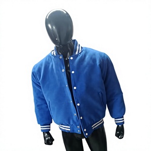 CUSTOM SF 198 <b>Men's</b> Blue Varsity <b>Jacket</b> <b>Fleece</b> <b>Lined</b> Stand Collar Regular Fit Casual Style Single Breasted Button Closure - Product Image 1