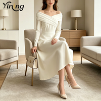 Robe de soirée décontractée mi-longue en satin de coton élégante pour femme, à épaules dénudées, col en V, manches longues, drapée et froncée, coupe trapèze, personnalisée par l'usine OEM
