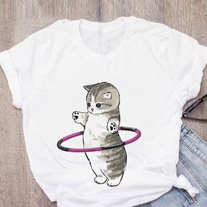 T-shirt blanc basique pour <span class=keywords><strong>femme</strong></span>, manches courtes, impression de haute qualité, t-shirt pour lycéenne, haut graphique <span class=keywords><strong>chat</strong></span> - Product Image 5