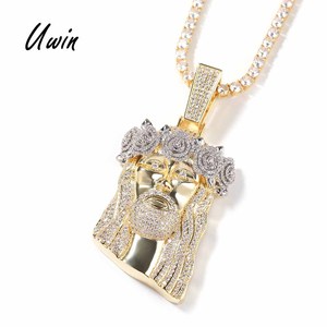 Collar Religioso con Colgante de Jesús Cristiano con Corona de Rosa Rosa y Circonitas de Dos Tonos, Chapado en Oro, Estilo Hip Hop, para <span class=keywords><strong>Hombre</strong></span> y Mujer - Product Image 1
