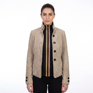 Wholesale Women Beige <b>Suede</b> <b>Jacket</b> Double Breasted Coat Custom Rainbow Zip Trim Stand Collar Outerwear Supplier - Product Image 1