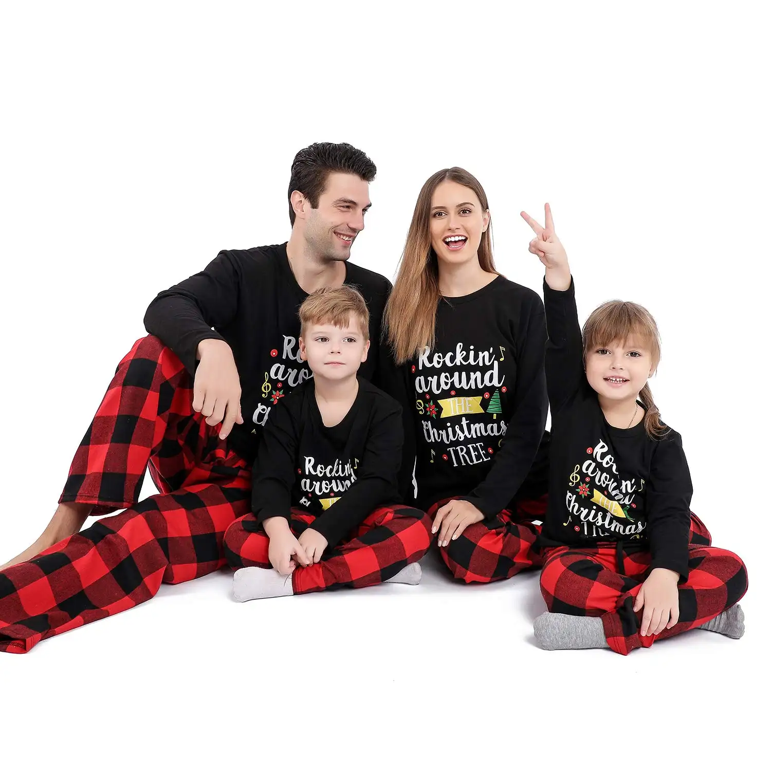 Funny Christmas Family Pajamas Matching Sets Long Sleeve T-Shirt and Plaid Pants Set Holiday Sleepwear