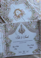 Carte d'invitation de mariage de luxe élégante avec illustration de lieu, design floral, dorure à chaud, couverture rigide, invitations de mariage format folio