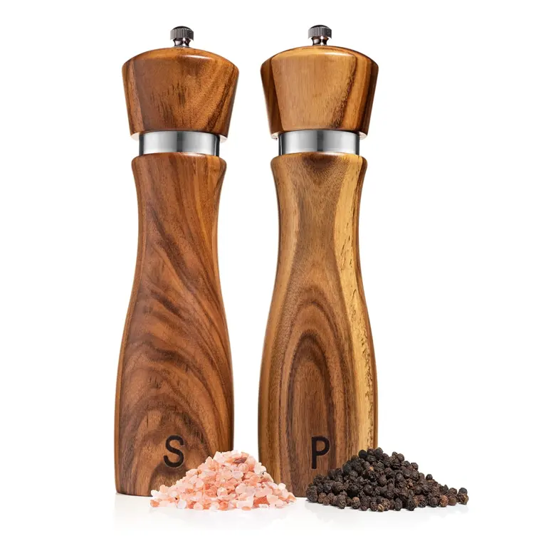 8 Inches Elegant Hot Sale Wood Manual Salt and Pepper Grinder Set Acacia Wooden Salt Grinder and Pepper Grinder Mill Sets