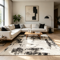 Tapis géométrique jacquard en polypropylène, design monochrome, antibactérien, hauteur de pile 9 mm, fin, antidérapant pour salon et chambre