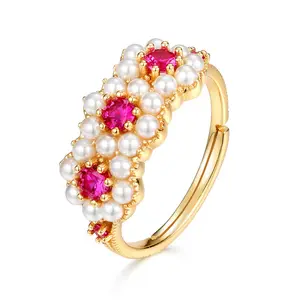 女士们姐妹友谊时尚可调整大小的环红刚玉和贝壳珍珠