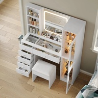 Coiffeuse moderne élégante en bois massif avec miroir LED et armoires latérales en verre – Coiffeuse sur mesure
