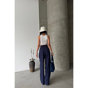 Pantalones de Mujer Azul Marino con Detalle de Solapa de Bolsillo Plisada Ancha, Cierre de Cintura Elástica, Tejido Transpirable, Patrón Formal - Product Image 1