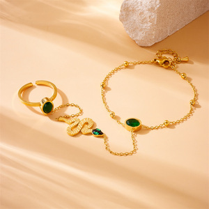Gold Plated Snake <b>Bracelet</b> <b>Set</b> With Green Stone Open Ring Stainless Steel Chain Animal Design Jewelry For Women - Product Image 2