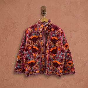 Vintage Dust Red <b>Velvet</b> Suzani Embroidered Jacket <b>Women</b> Open Front Mandarin Collar Short <b>Coat</b> Reversible Boho Winter Outerwear - Product Image 1
