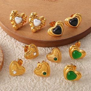 Heart-Shaped Stud <b>Earrings</b> Gold Plated Zinc Alloy With <b>Green</b> Black Stone Bezel Setting For Women Fashion Jewelry - Product Image 2