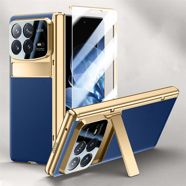 Luxury Plating Leather Hinge Protection Full Body Stand Case for Xiaomi Mix Fold 4 Swith Screen Glass Film