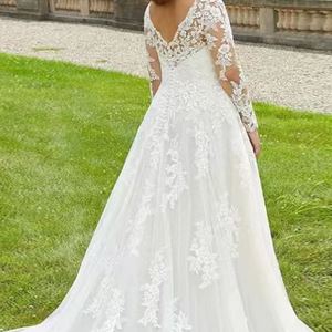 White V-neck Lace Wedding Dress Plus Size Long Train Vintage Style Outdoor Beach Wedding Dress - Product Image 2