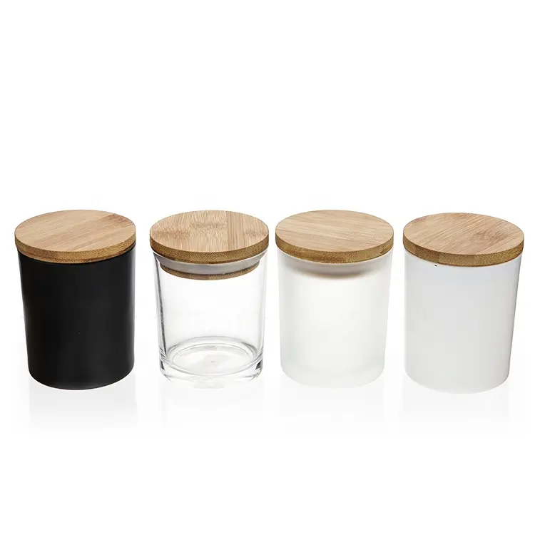 Wholesale Transparan Putih Hitam Matte Kosong 8 Oz 10 Oz, 14 Oz, Mulut Lebar Lilin Kaca Lilin Jar dengan Kayu Gabus Tutup