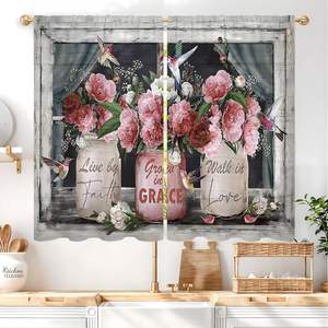 Cortinas de Cocina Rosa Claro con Flores, Cortinas Cortas para Cafetería, Cortinas de Ventana Estilo Rústico con Diseño de Frascos Mason, 2 Paneles - Product Image 4