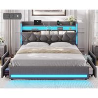 Cadre de lit queen avec 4 tiroirs, cadre de lit plate-forme queen size avec tête de lit de rangement et lumières LED