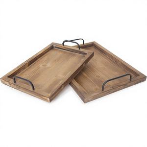 Juego de Bandejas de Madera Rústicas Vintage de Lumina, Ecológicas, con Acabado Quemado, 2 Bandejas Encajables con Asas de Metal, Decoración Estilo Granja - Product Image 1