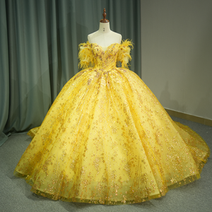 Jancember 6540 Jaune Brillant Plume Empire Robe De Bal Puffy Robes De Soirée - Product Image 2