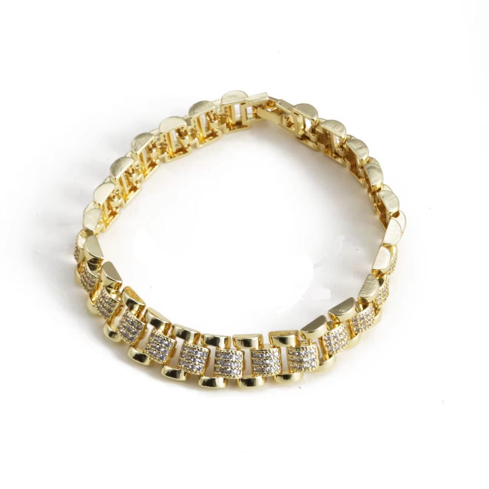 Hip Hop Gold Plated Zirconia Thick Strap Chain Wristlet Fashion Jewelry Bracelet