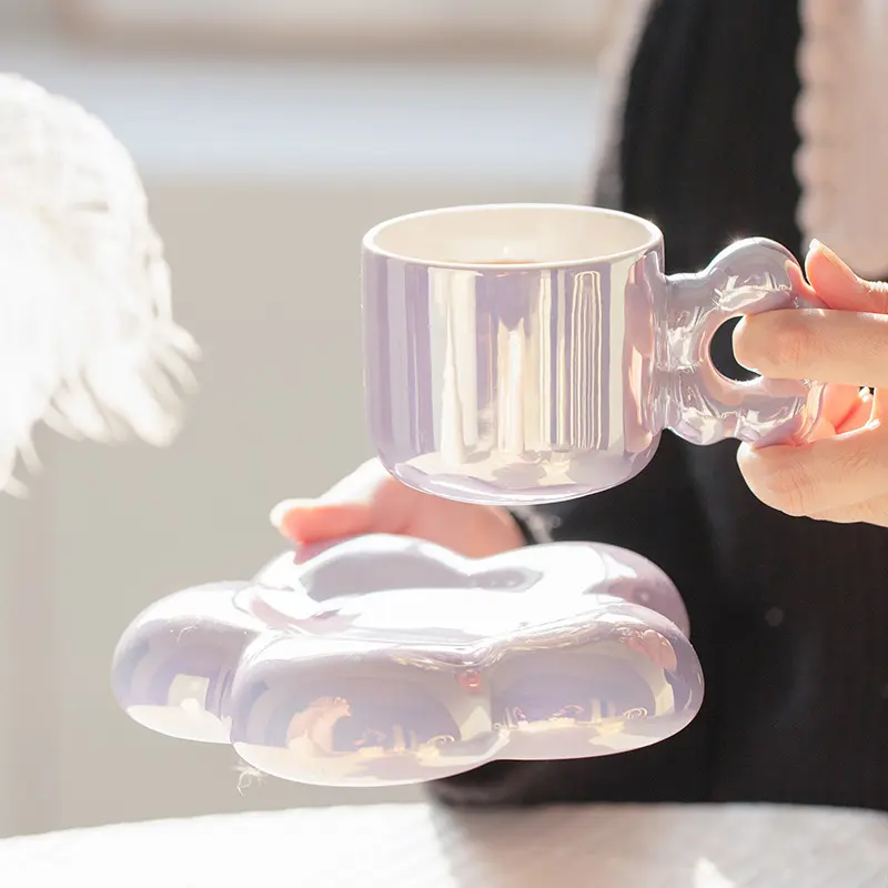 Sıcak satış seramik kahve fincanı Modern kupa ve altlık seti suyu süt su bardağı çiçek saplı